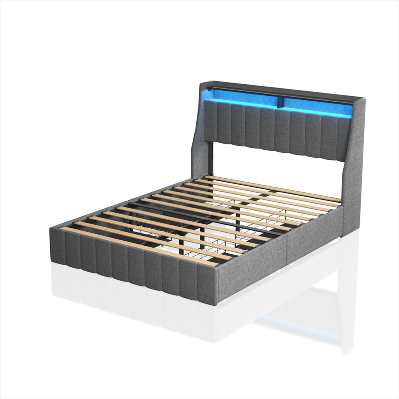 Estructura de Cama de Tamaño Queen con LED, Cajones de Almacenamiento, Cabecero con Alas - Gris Claro