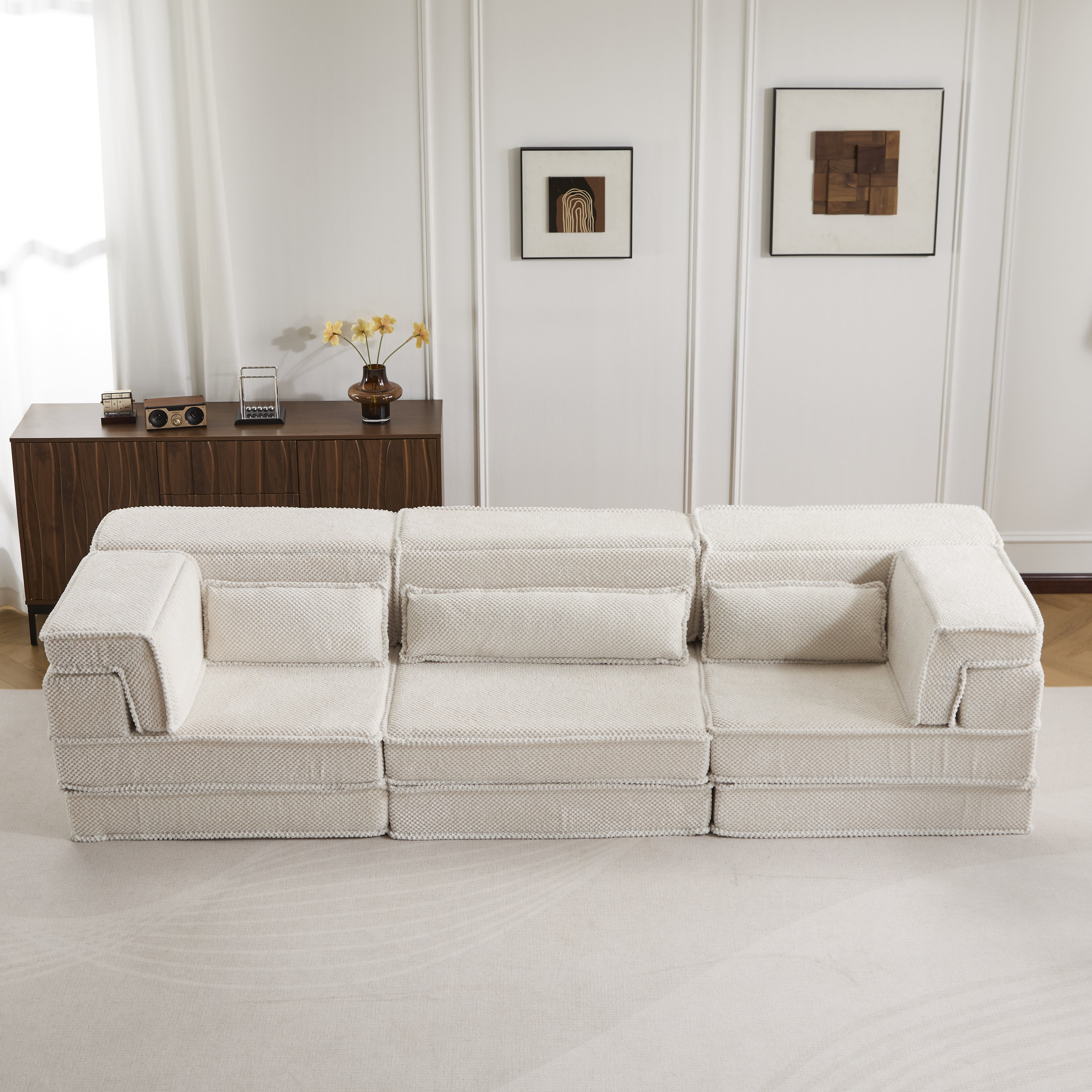 Sofá Mahjong de Compresión, Sofá Cama Convertible para el Suelo, Sofá Seccional Modular sin Huesos DIY, Sin Ensamblaje Requerido, Tejido de Felpa Circular, Asiento para 3 Personas Sobredimensionado con 3 Almohadas, Blanco