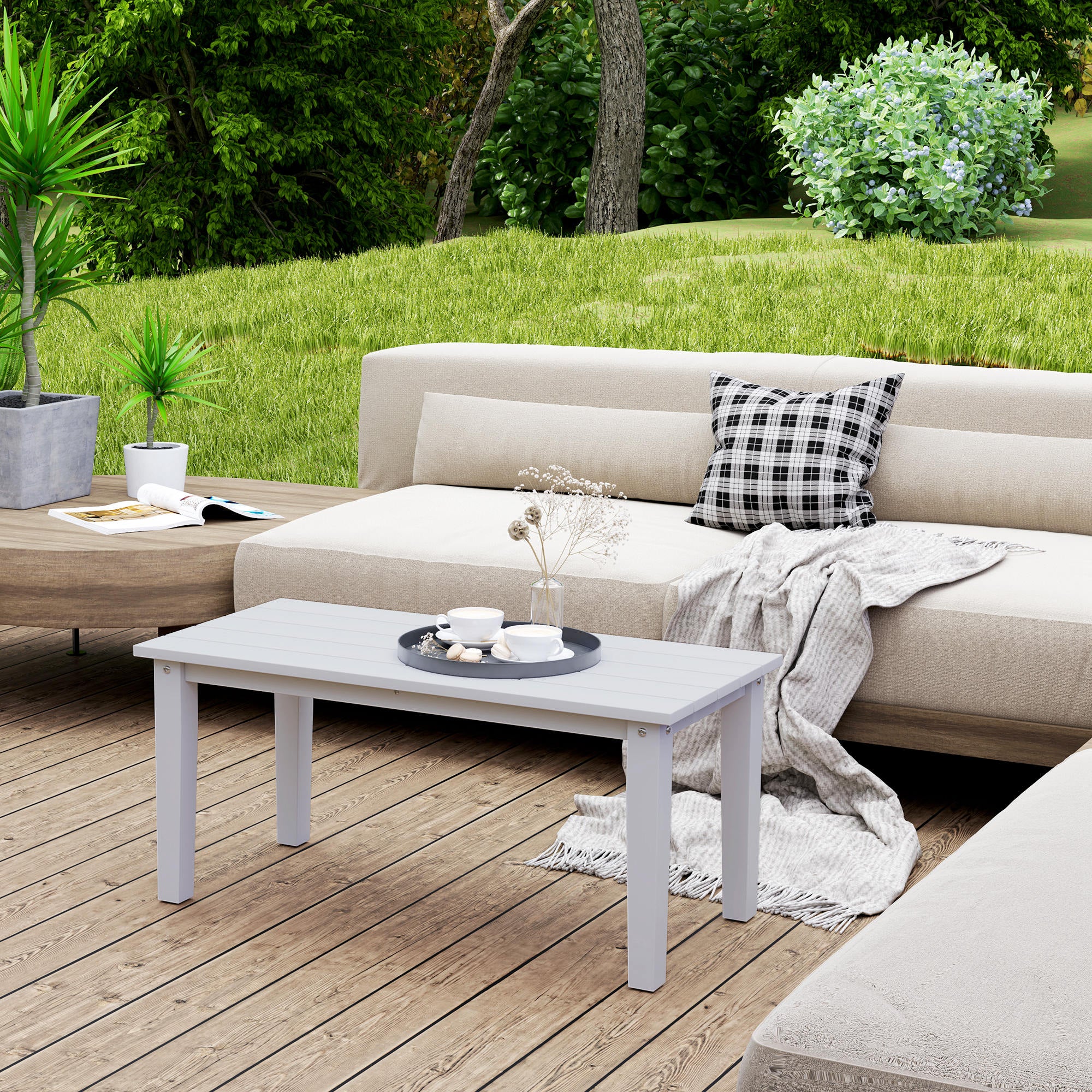 Mesa de Café Exterior Rectangular, Mesa de Patio Exterior para Todo Clima en HDPE con Superficie de Mesa con Listones para Jardín, Balcón, Blanca