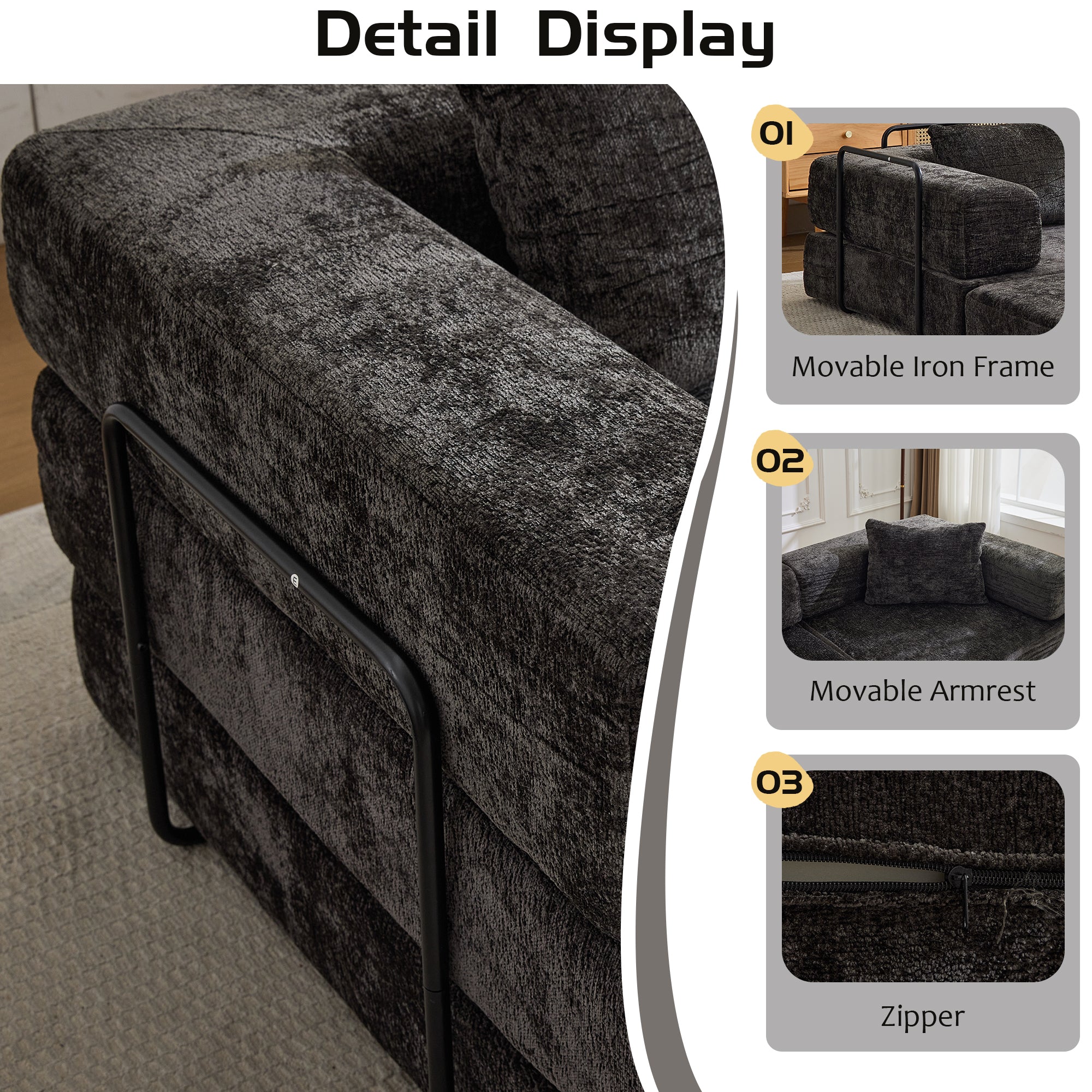 Kompressions-Sofa, Umklappbares Boden-Sofa-Bett mit festem Rahmen, Knochenloses modulares Sektionalsofa, Keine Montage erforderlich, Chenille-Stoff, für Wohnzimmer und Schlafzimmer, Schwarz