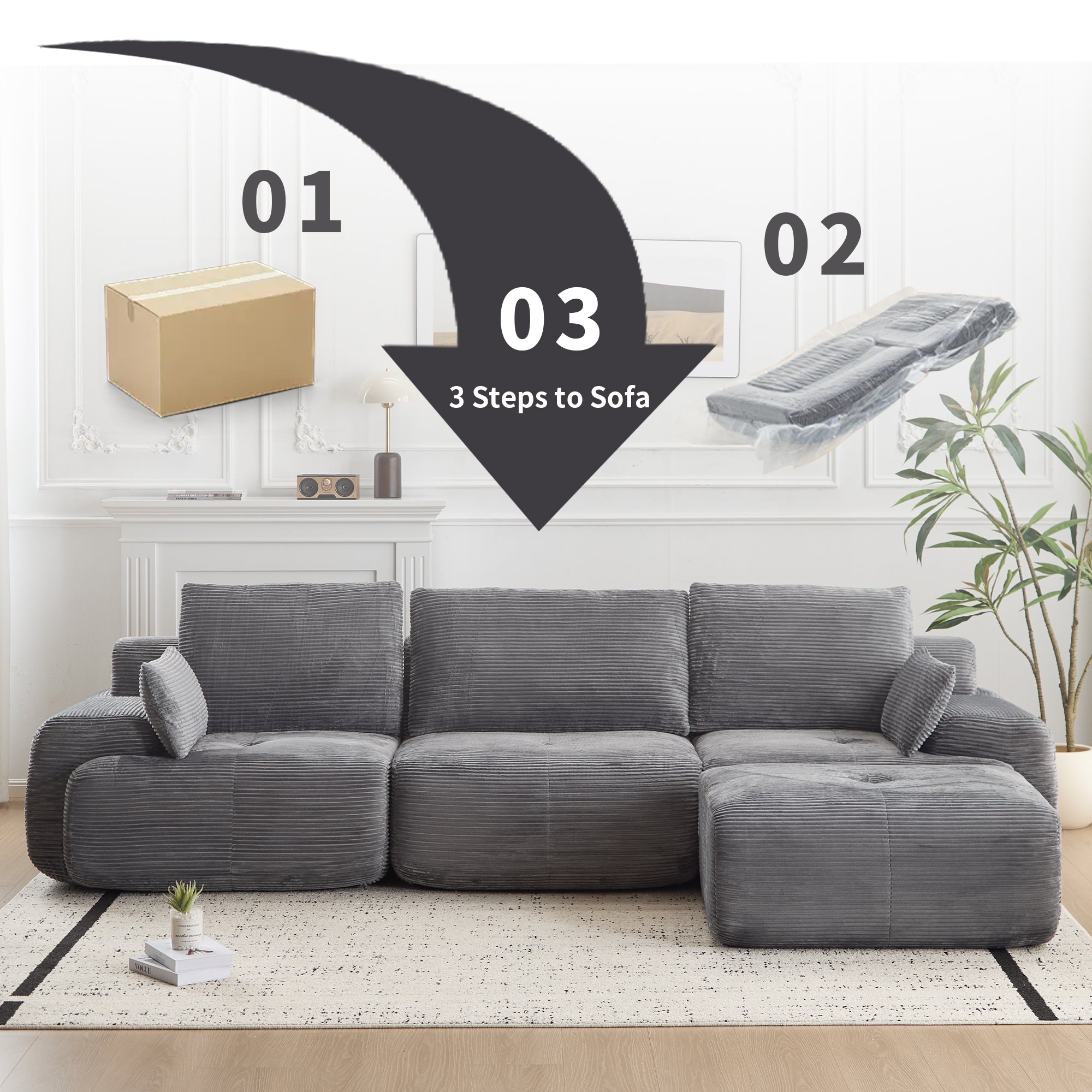 Grey Corduroy Sectional Sofa No-Assembly Cushions