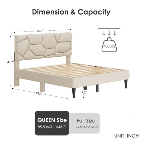 Estructura de Cama Queen, Cabecero de Almacenamiento en Lino, Fuerte y Estable, Sin Ruido, Sin Resorte de Caja, Fácil de Ensamblar
