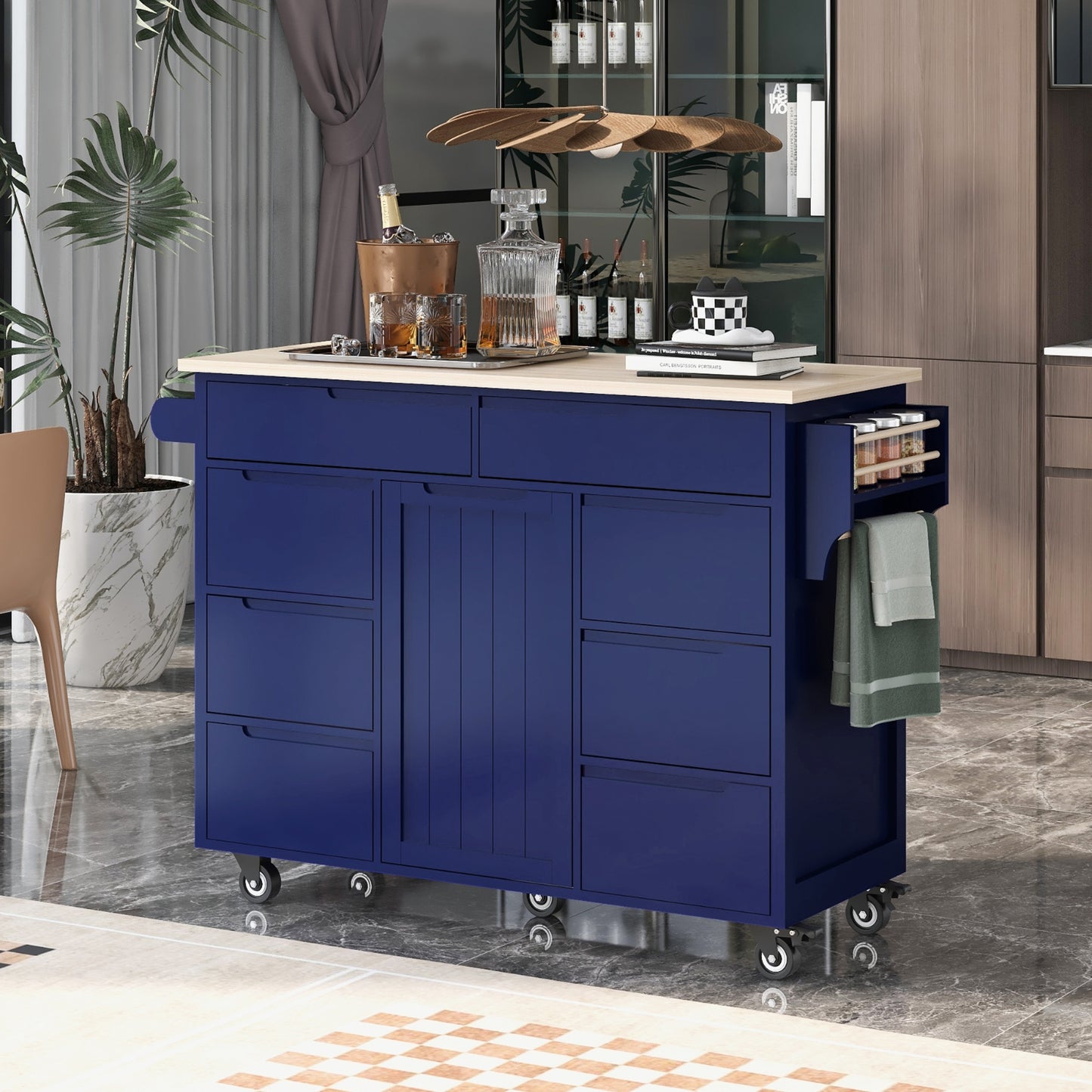 K&K Store Kitchen Cart With Rubber Wood Top, 8 Handle-Free Drawers