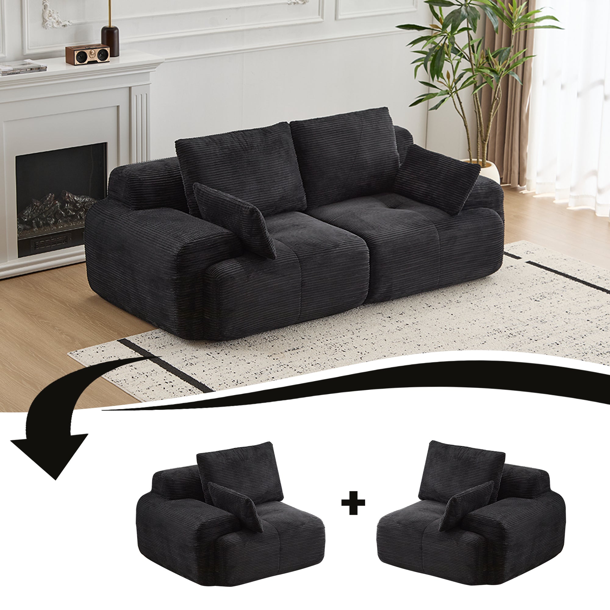 Sofá Comprimido de Espuma de Memoria Moderna, Sofá Seccional Grande de 2 Plazas para Sala de Estar, Sofá Seccional Modular en Forma de Nube Amigable con Mascotas, Tela de Corduroy, Loveseat Extra Profundo, Sin Ensamblaje Requerido, Negro