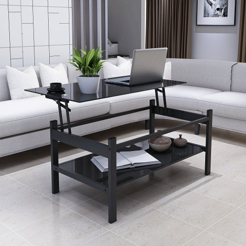 Mesa de Centro de Vidrio Templado con Tapa Elevable, Moderna y Simple de 2 Capas para Sala de Estar, Negra