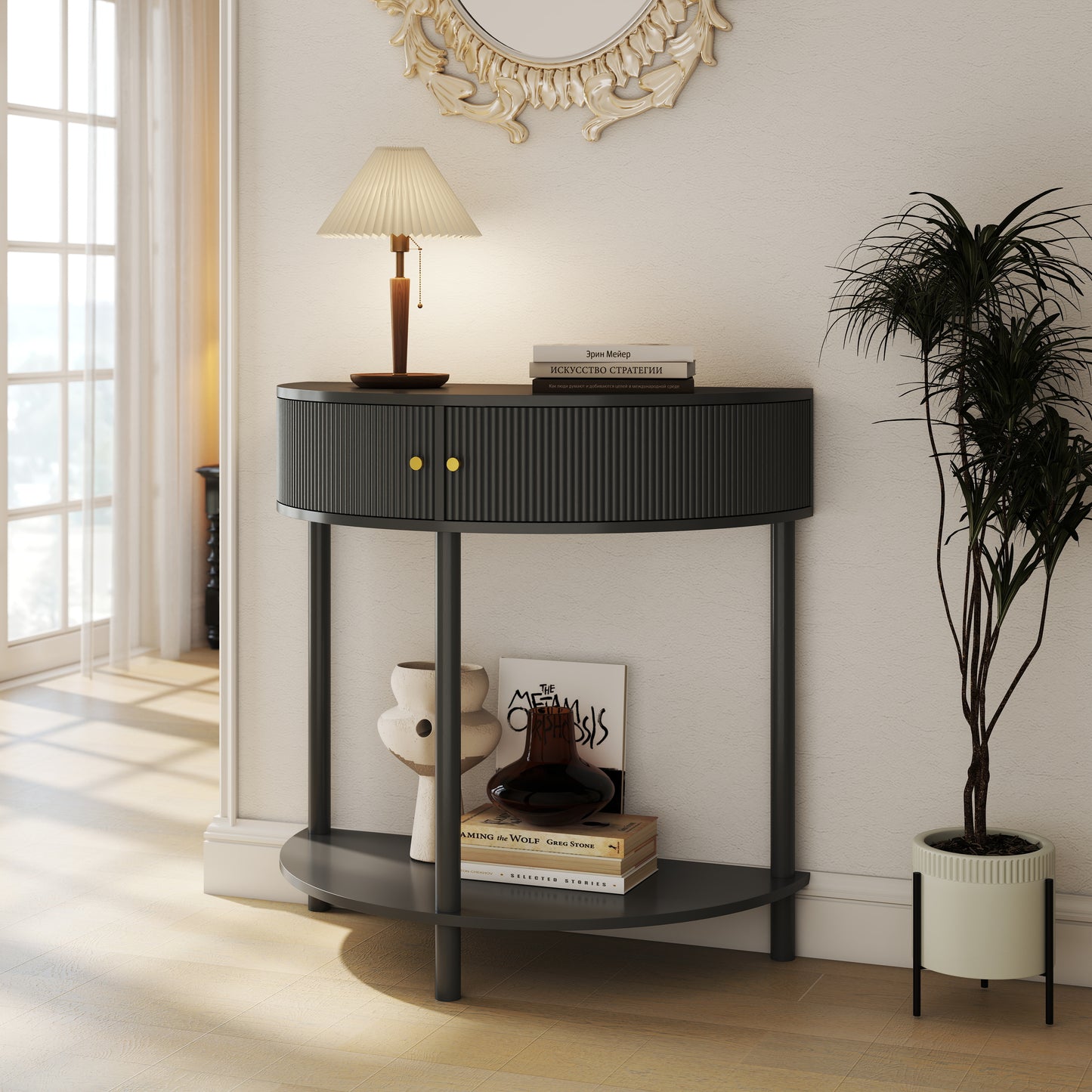 Artisan-Crafted Wave-Pattern Demi-Lune Console Table With Dark Gray Finish,Unique Half Moon Design End Table With 2 Storage Drawers And Bottom Shelf For Living Room, Bedroom, Study, Hallway