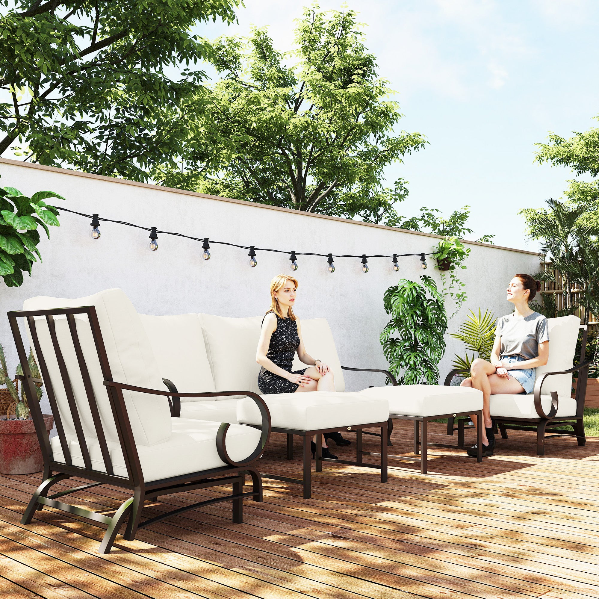 Conjunto de 5 Piezas de Muebles para Patio Trasero, Conjunto de Muebles de Exterior con 2 Sillas Mecedoras, Sofá de 3 Plazas y 2 Otomanos, Beige
