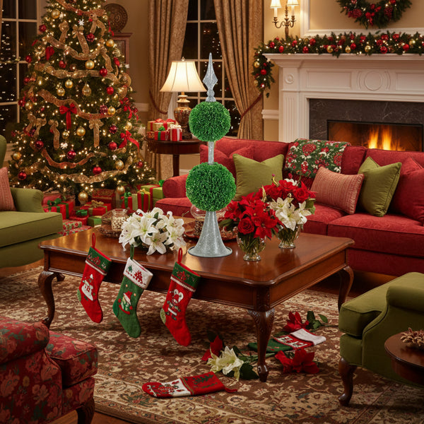 Two-Tier Artificial Plant D7x26.5" Natural Boxwood Sphere Topiary On Metal Spire Circle Ball Home Office Desk Decor FBA Shipment