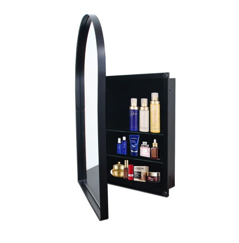 Gabinete de Medicina Empotrado en Arco de 24x36 Pulgadas, Gabinete de Pared para Baño con Marco de Metal, Espejo y Estantes Ajustables, Espejo de Pared con Almacenamiento para Baño, Negro Mate