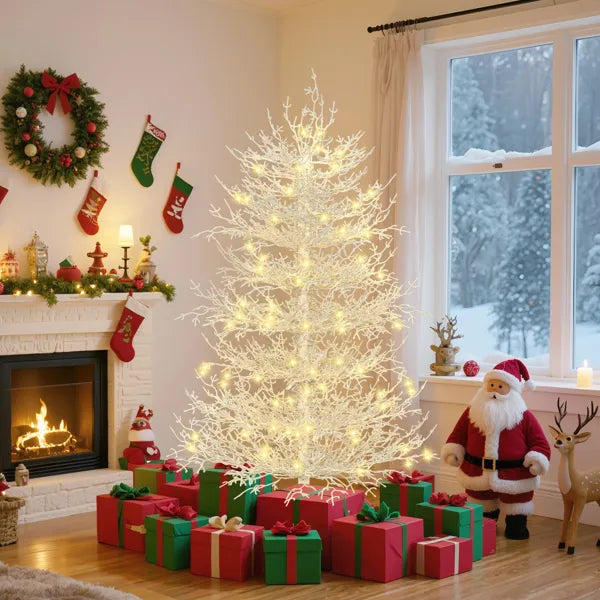 Árbol de Navidad Artificial de Abeto Aspen Preiluminado de 4FT, Árbol de Navidad Articulado con 280 Puntas de Ramas Cubiertas de Nieve, 230 Luces LED de Luz Blanca Cálida, Árbol de Navidad Coral para Hogar y Fiestas--No Soporta Recogida en Persona