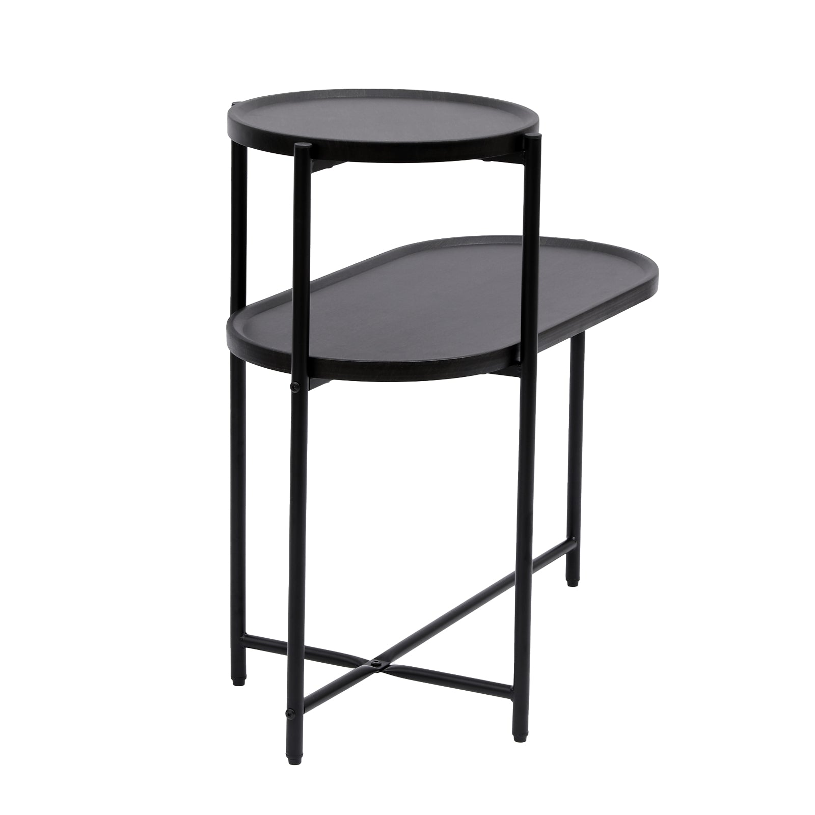 Mesa de Café Redonda con Bandeja de Almacenamiento Mesa Auxiliar Ovalada de 2 Niveles Mesa Lateral Pequeña de Madera para Sala de Estar