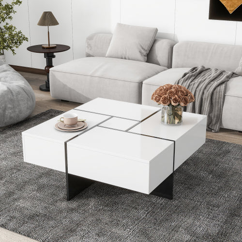 Mesa de Centro de Diseño Único con 4 Compartimentos de Almacenamiento Ocultos
