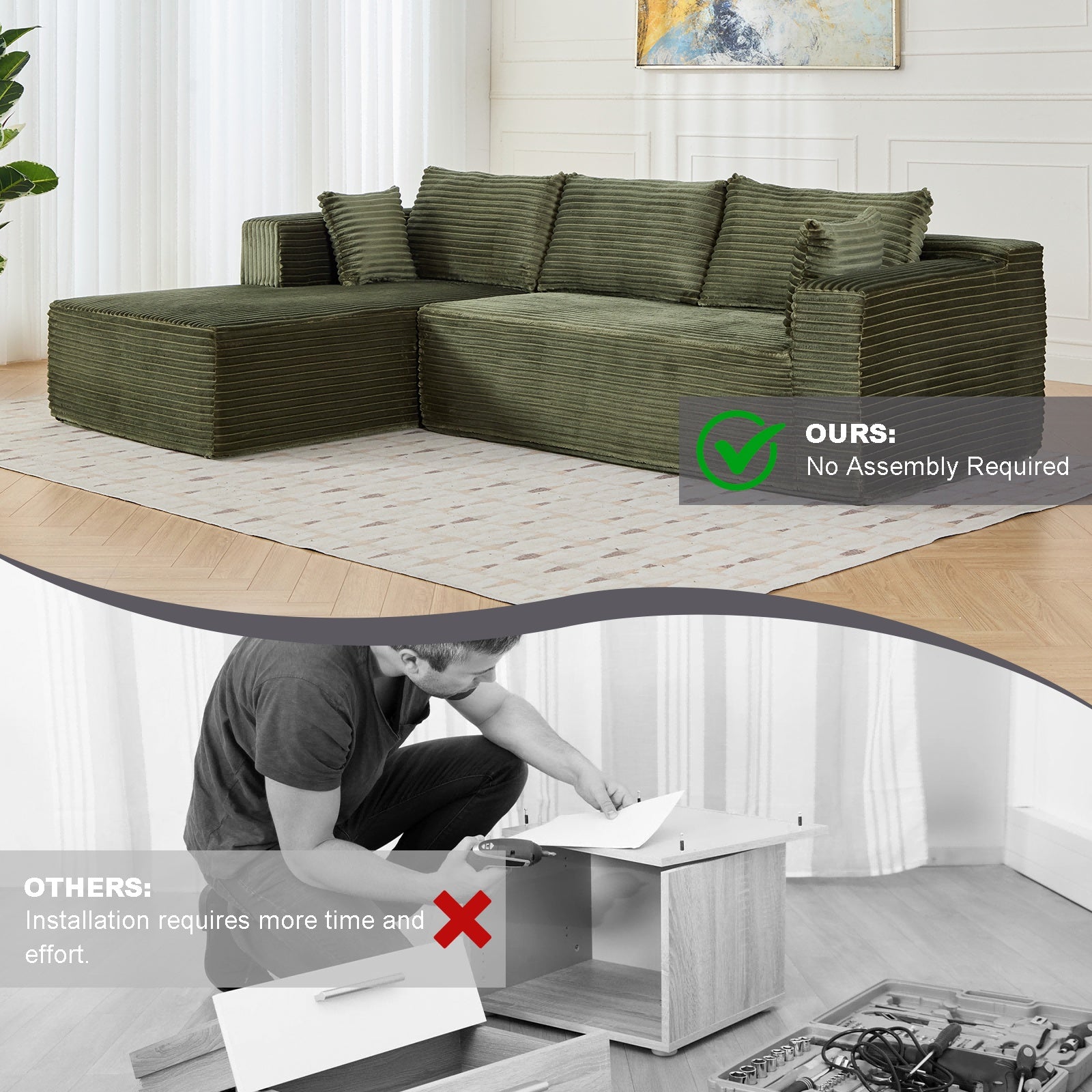 Sofá cama de compresión en forma de L con tela de pana - Sofá seccional convertible, sofá cama plegable para el suelo, salón tipo franela ahorrador de espacio para apartamentos pequeños, sala de estar y sala de juegos NO TUME