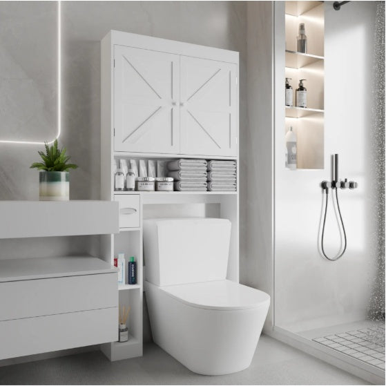 Over The Toilet Storage Cabinet With 2 Door  Home Space Saving Toilet Rack, Farmhouse Style For Bathroom, Restroom, Laundry
