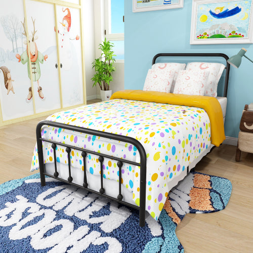 Metal Platform Bed Frame, Victorian Style HeadboardFootboard  Under Bed Storage  No Box Spring Needed Twin Size Black