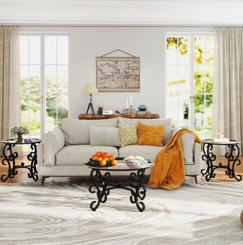 Glass Round Coffee Table Black Tempered Set