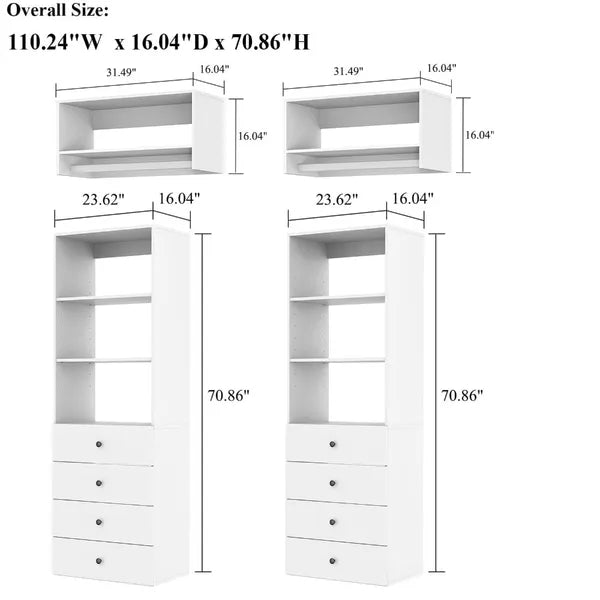 Closet Organizer System,Wall Mounted Closet Storage With  Drawers And Shelves Closet Storage For Bedroom,White