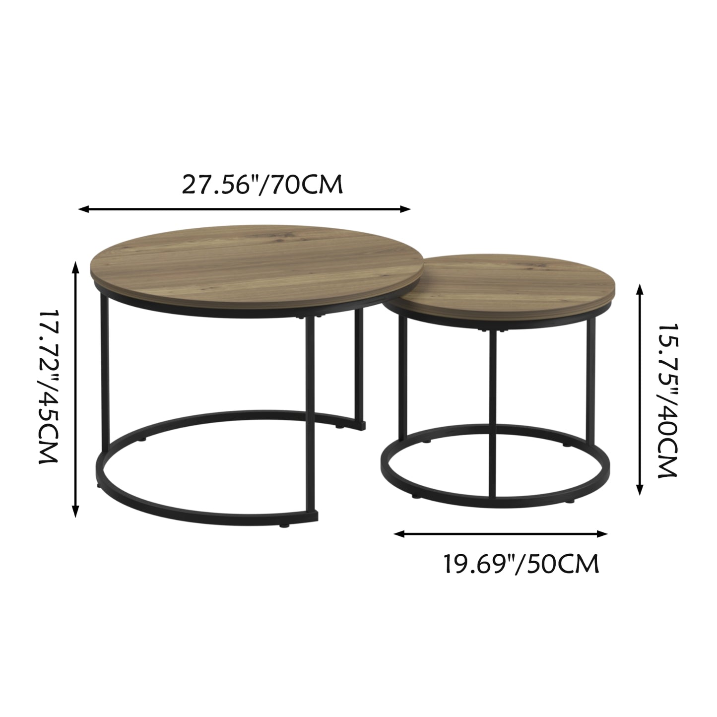 Nesting Coffee Table Set Of 2, 27.6inch Round Coffee Table Industrial Wood Finish With Sturdy Metal