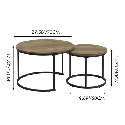 Nesting Coffee Table Set Of 2, 27.6inch Round Coffee Table Industrial Wood Finish With Sturdy Metal