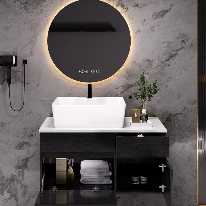 31.5 Inches Wall Mounted Single Bathroom Vanity With Engineered Stone Top