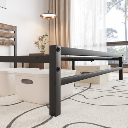 Marco de Cama Plataforma de Tamaño Queen con Cabecero de Madera Rústica Vintage, Listones de Metal Resistentes que Sostienen la Base del Colchón, No se Requiere Resorte de Caja en Marrón Rústico