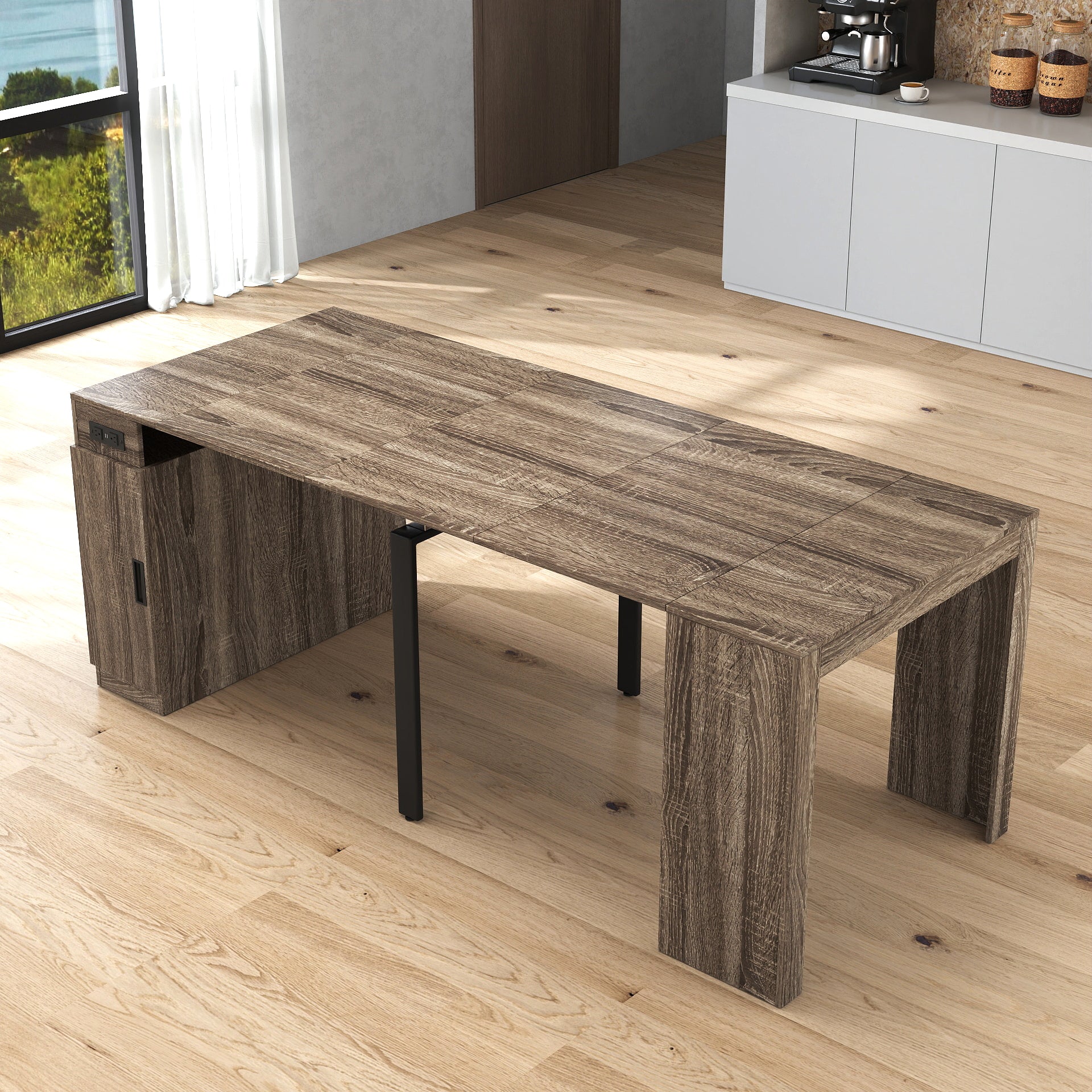 Mesa de Comedor Moderna Multifuncional Extensible con Toma de Corriente, Mesa Expandible Ahorraespacio con Almacenamiento para Fiestas, Bodas, Reuniones, Celebraciones