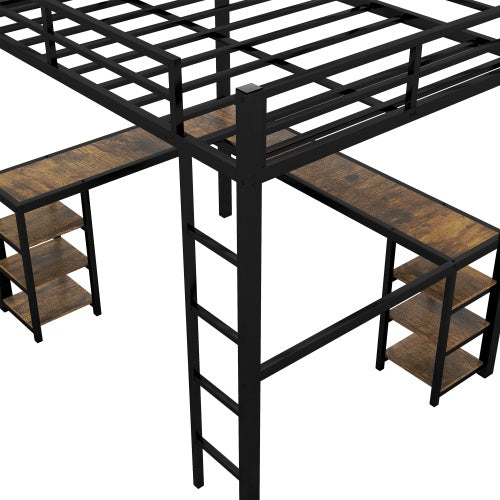 Cama Alta de Metal XL Completa con Escritorio y Estanterías, Cama Alta con Escalera y Barandales, Marco de Cama Alta para Dormitorio, Negro