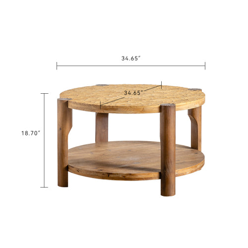 Mesa de Centro Redonda de Madera Maciza para Sala de Estar, Mesa de Centro Redonda de 2 Niveles con Estante de Almacenamiento, Mesa de Centro de Estilo Moderno de Mediados de Siglo, Espacio Pequeño en el Hogar, Ensamblaje Fácil