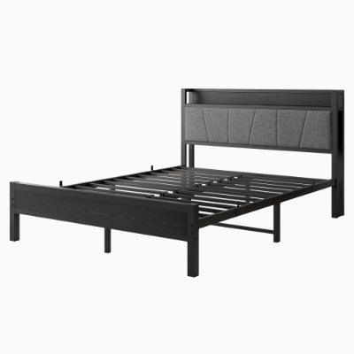 Queen Size Bed Frame, Storage Headboard With Charging Station, Solid And Stable, No Box Spring Needed, Easy Assembly
