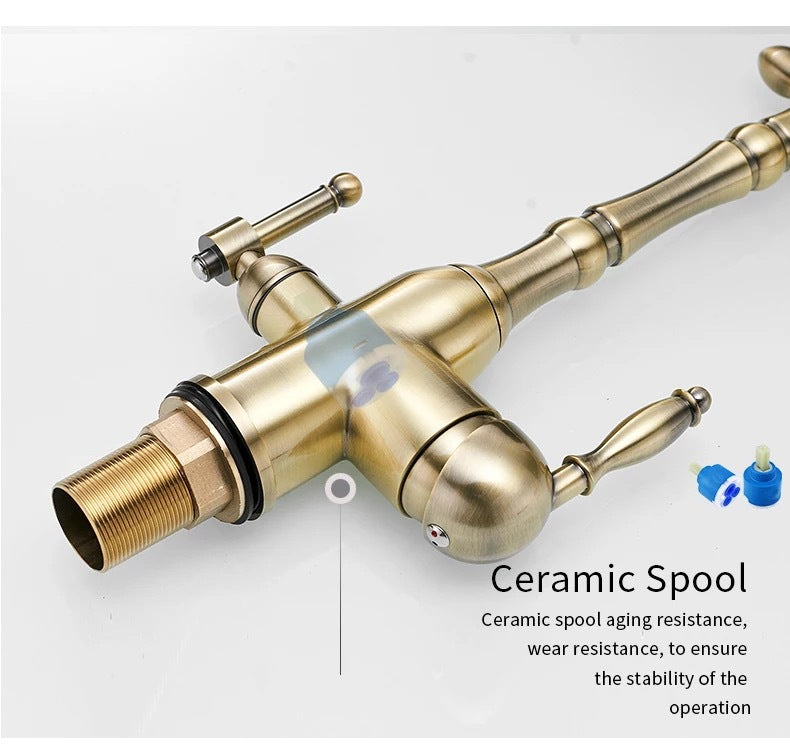 European-style Copper Antique Faucet Rotatable Double Handle Multi-function Faucet Hot And Cold Mixing Kitchen Faucet