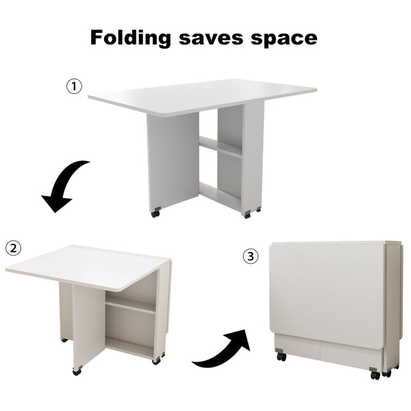 Mesa Plegable de Comedor con Hoja Caída, 6 Ruedas y Estante de Almacenamiento de 2 Niveles, Mesa Ahorra Espacio para Espacios Pequeños, 47.2 Pulgadas de Profundidad x 23.6 Pulgadas de Ancho x 30.3 Pulgadas de Altura, Blanca