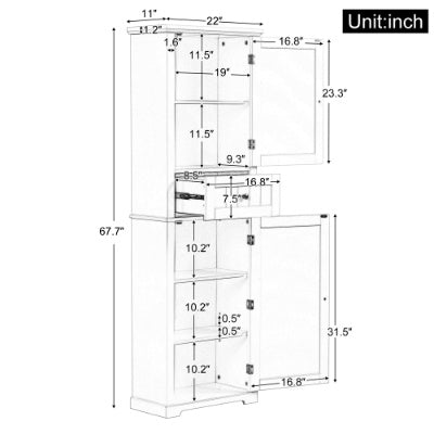 Hohes Badezimmerschrank, Freistehender Stauraumschrank mit Schublade und einstellbarem Regal, MDF-Platte mit lackierter Oberfläche