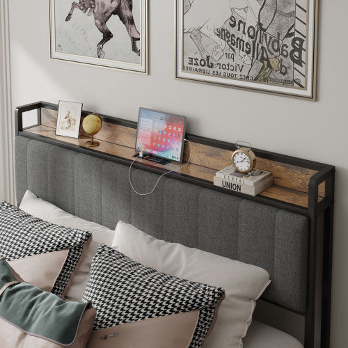Bettgestell in Queensize mit Lade-Station, gepolstertem Kopfteil, Metallplattform, Grau