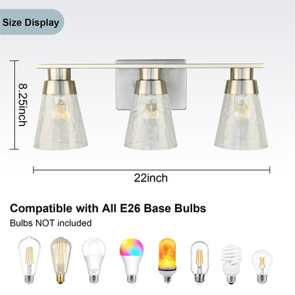 3 Light Brushed Nickel Bathroom Vanity Light Fixtures With Clear Hammered Glass Shade, 22 Inch Bathroom Lighting Fixtures Over Mirror, For Bathroom Shower Toilet
