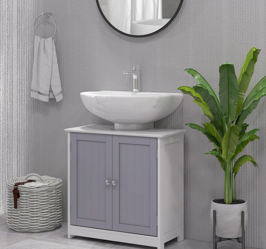 Kleankin Badezimmer-Waschbecken-Schrank, Waschbecken-Schrank mit U-förmiger Ausschnitt, verstellbares Regal, Weiß und Grau