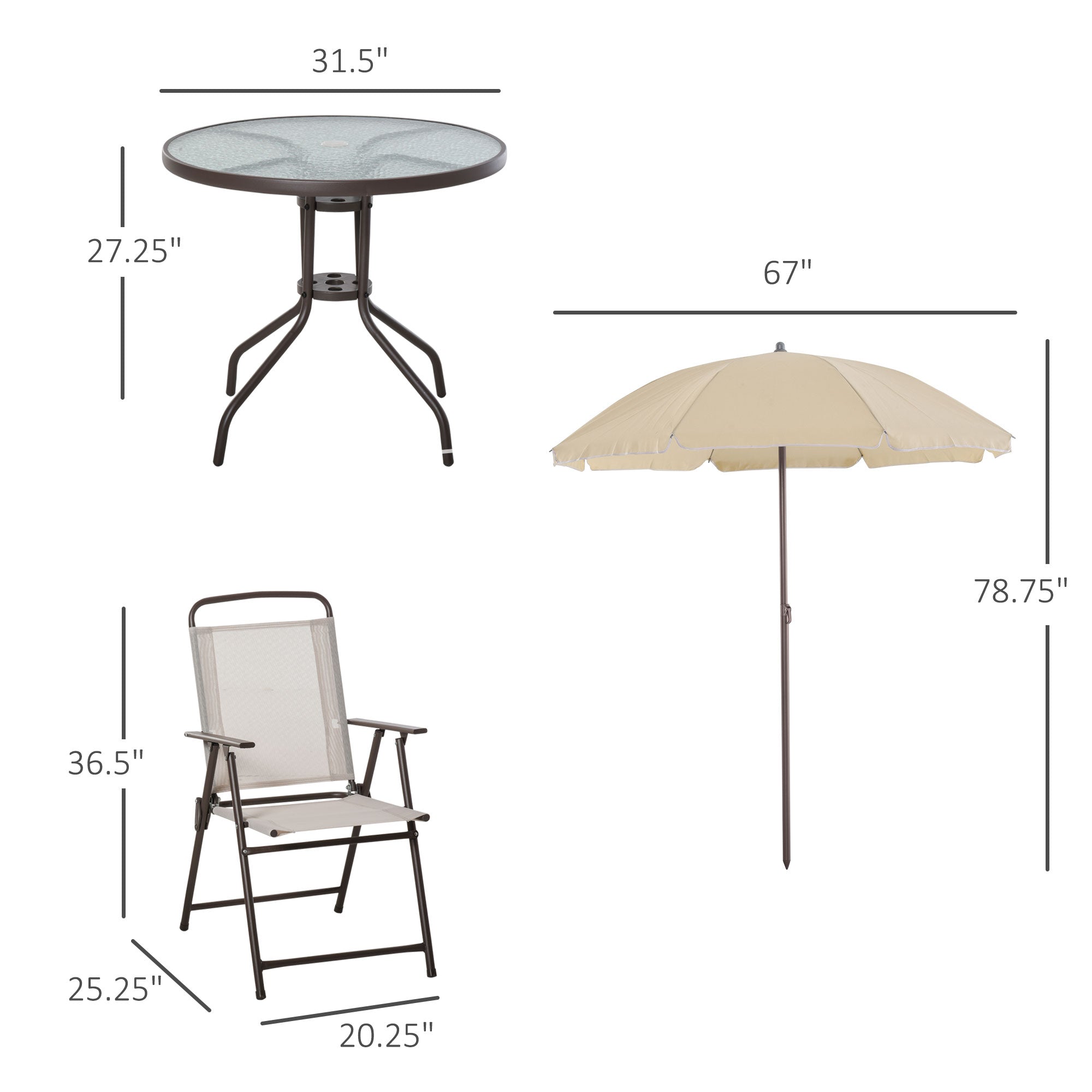 Juego de Comedor para Terraza de 6 Piezas con Sombrilla, Sillas Plegables y Mesa de Cristal, Beige - Configuración para Comidas al Aire Libre