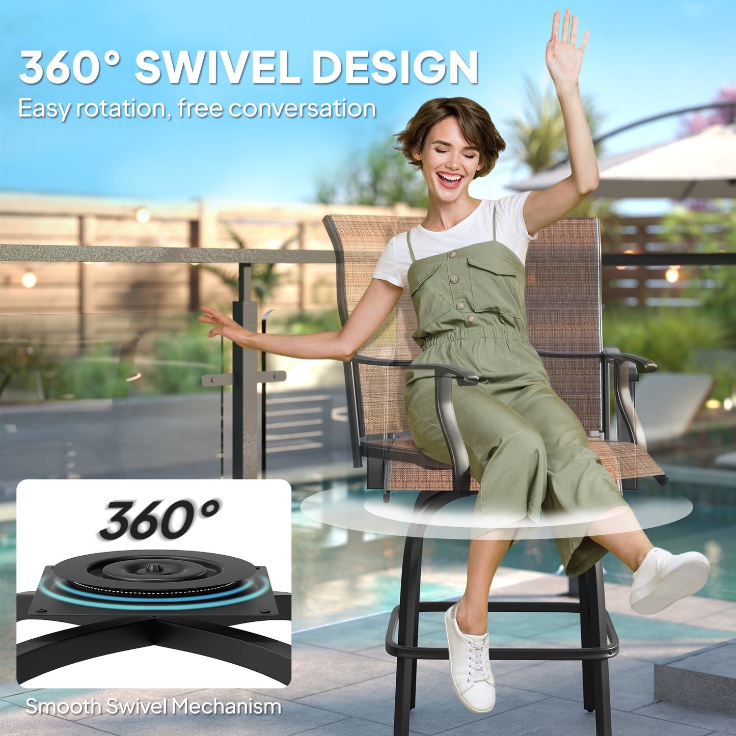 Set of 2 Outdoor Swivel Bar Stools with Armrests