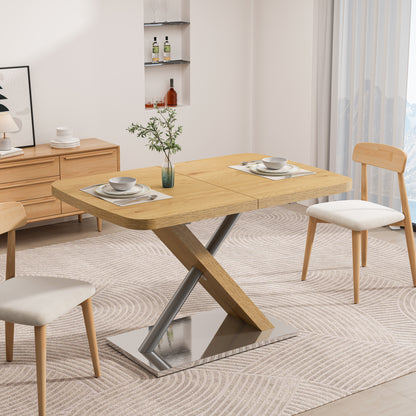 47.25 -63 Dining Table, Original Wood Color, Seating 4-6 People, Retractable Table, Cross Metal Base And Stainless Steel Tubing Natural