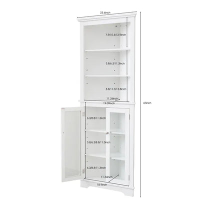 FRALIMK Matte White Tall Corner Storage Cabinet, Floor Storage Narrow Organizers With Double Glass Doors And Adjustable Shelves