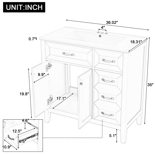 Lavabo de baño de 36 pulgadas con combinación de fregadero, gabinete de baño gris con cajones, marco sólido y tablero de MDF