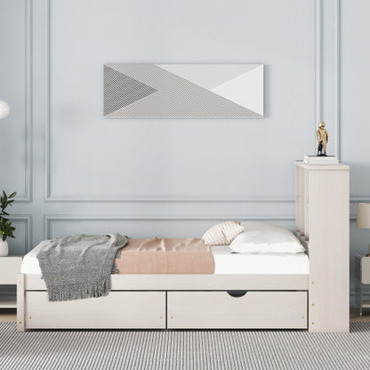 Estructura de Cama Moderna de Tamaño Individual con Puerto USB Integrado en el Cabecero con Estantería y 2 Cajones para Color Blanqueado