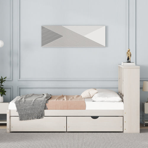 Estructura de Cama Moderna de Tamaño Individual con Puerto USB Integrado en el Cabecero con Estantería y 2 Cajones para Color Blanqueado