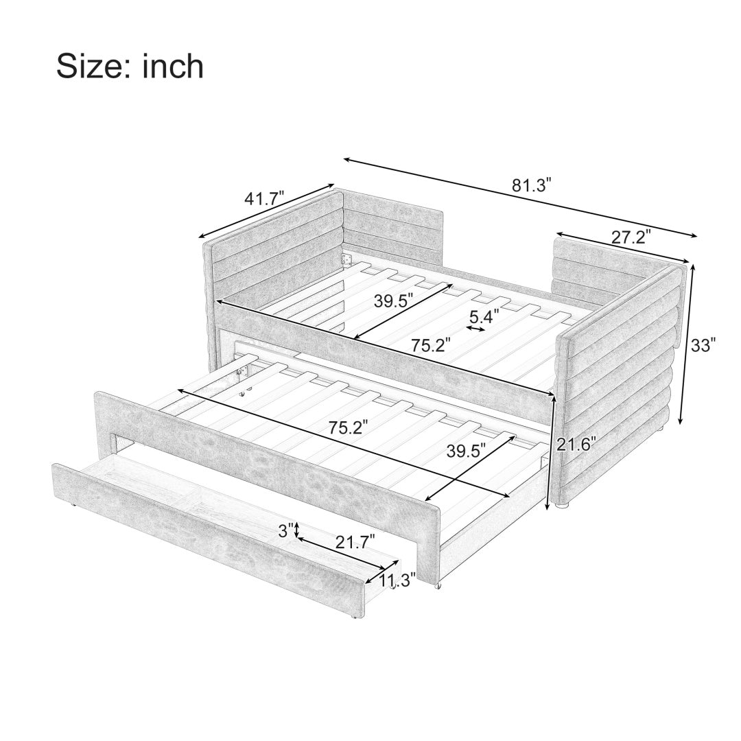 Cama de Día Tapizada de Tamaño Individual con Trundle y 3 Cajones de Almacenamiento, Sofá Cama de Tela Chenille para Habitación de Invitados, Sala de Estar, Marco de Cama de Día Moderno Ahorra Espacio, No Se Requiere Resorte de Caja