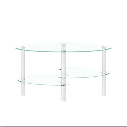 Transparent Oval Glass Coffee Table, Modern 3-Layer With Stainless Steel Leg