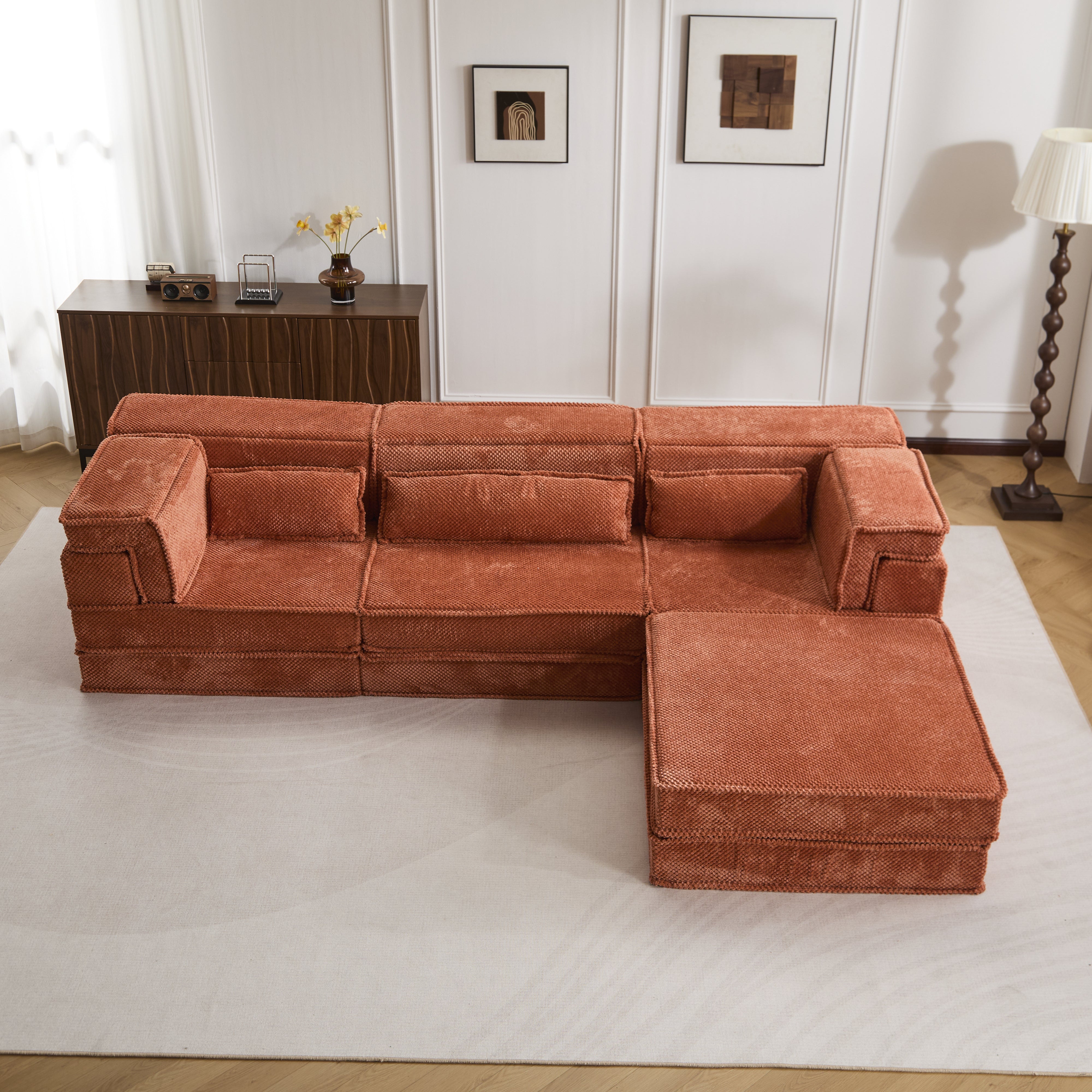 Sofá Mahjong de Compresión, Sofá Cama Convertible para el Suelo, Sofá Seccional Modular sin Huesos DIY, Sin Ensamblaje Requerido, Tejido de Lana de Círculo, Asiento Triple Sobredimensionado con 1 Otomana, Naranja
