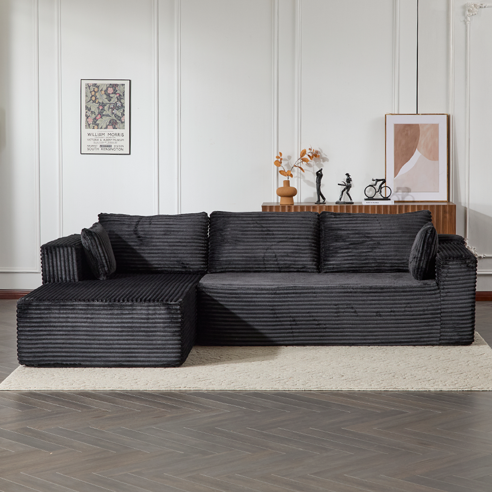 Sofá Seccional de Compresión con Chaise Cómodo, Sofá en Forma de L sin Estructura Ósea con Asiento Profundo, Sofás Modulares Minimalistas con Función de Cama para Sala de Estar, Dormitorio, Apartamento o Sala de Recreo, terciopelo acordonado, Negro