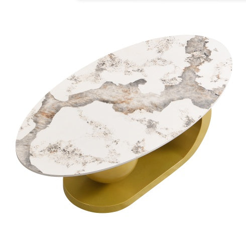 Mesa de Centro Oval Moderna para Sala de Estar, Encimera de Mesa de Centro de Piedra Sinterizada con Patrón de Mármol y Base de Acero Inoxidable Dorado en 47.2