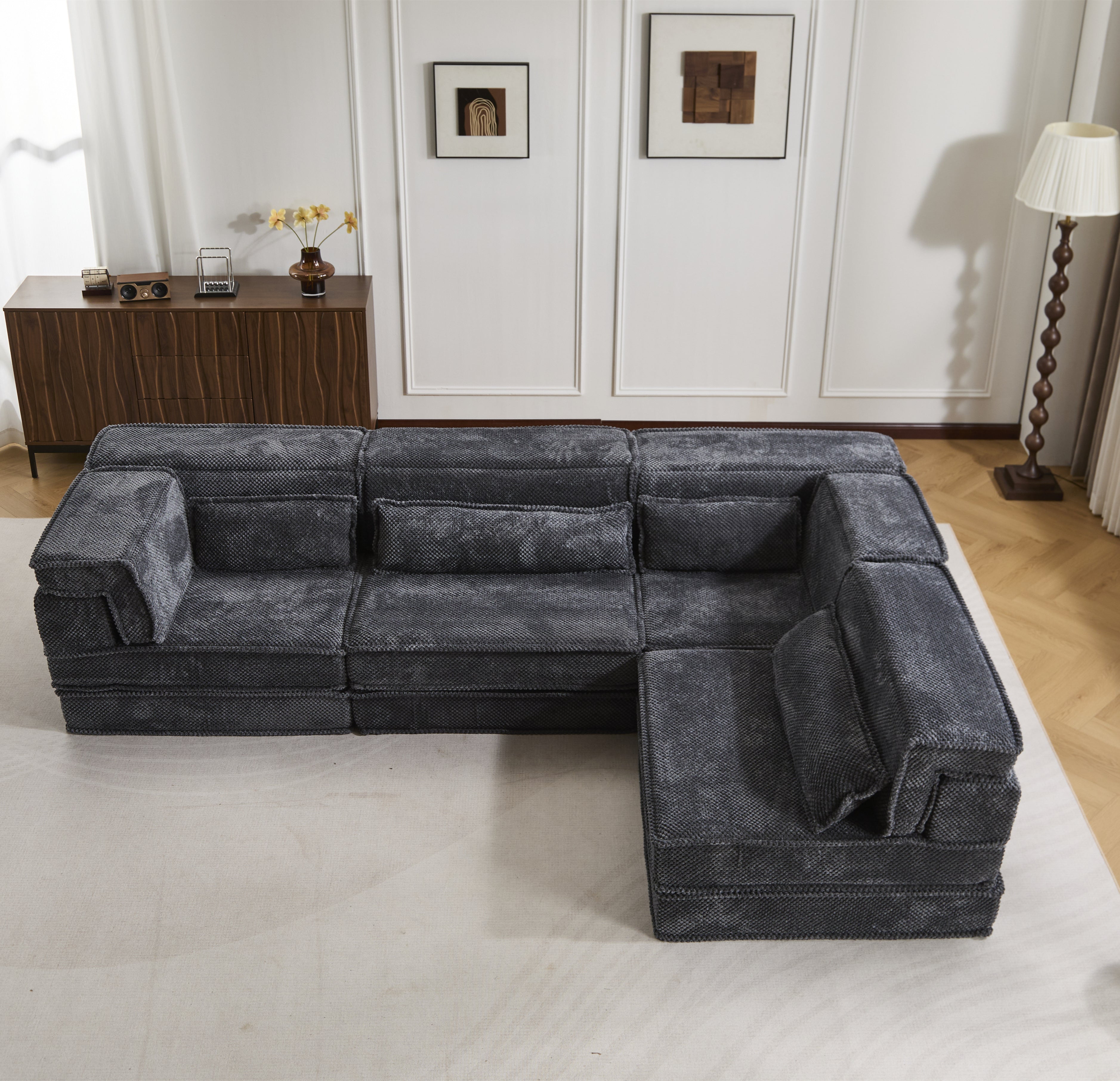 Sofá Mahjong de Compresión, Sofá Cama Convertible para el Suelo, Sofá Seccional Modular sin Huesos DIY, Sin Ensamblaje Requerido, Tejido de Felpa Circular, Para 4 Personas de Tamaño Sobredimensionado con 4 Almohadas, Gris Oscuro