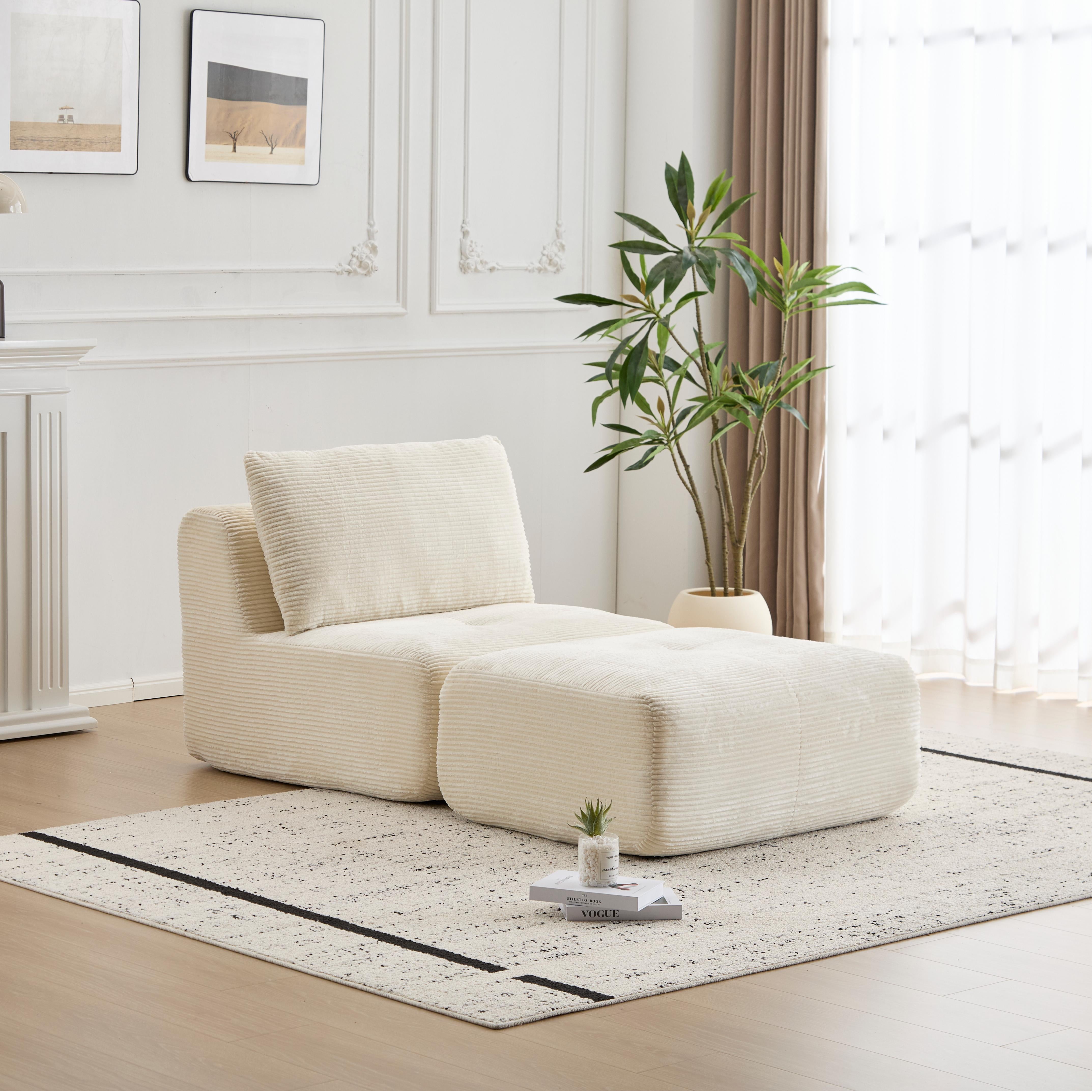 Sofá Moderno de Espuma de Memoria Comprimida, Chaise Longue Individual para Sala de Estar, Sofá Seccional Modular en Forma de Nube Amigable con Mascotas, Tela de Corduroy, Otomana Móvil, Sin Ensamblaje Requerido, Beige