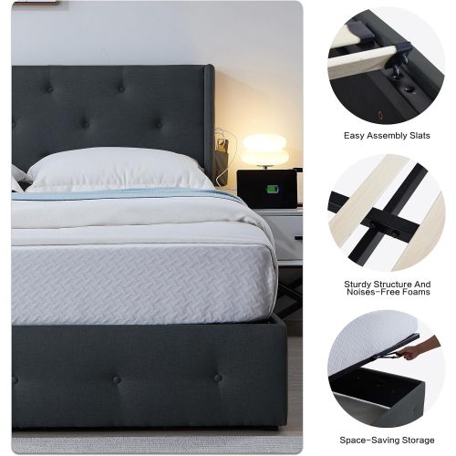 Estructura de Cama de Tamaño Queen con Almacenamiento - Cama con Almacenamiento Elevable y Cabecero Moderno de Respaldo Alado, Puertos USB
